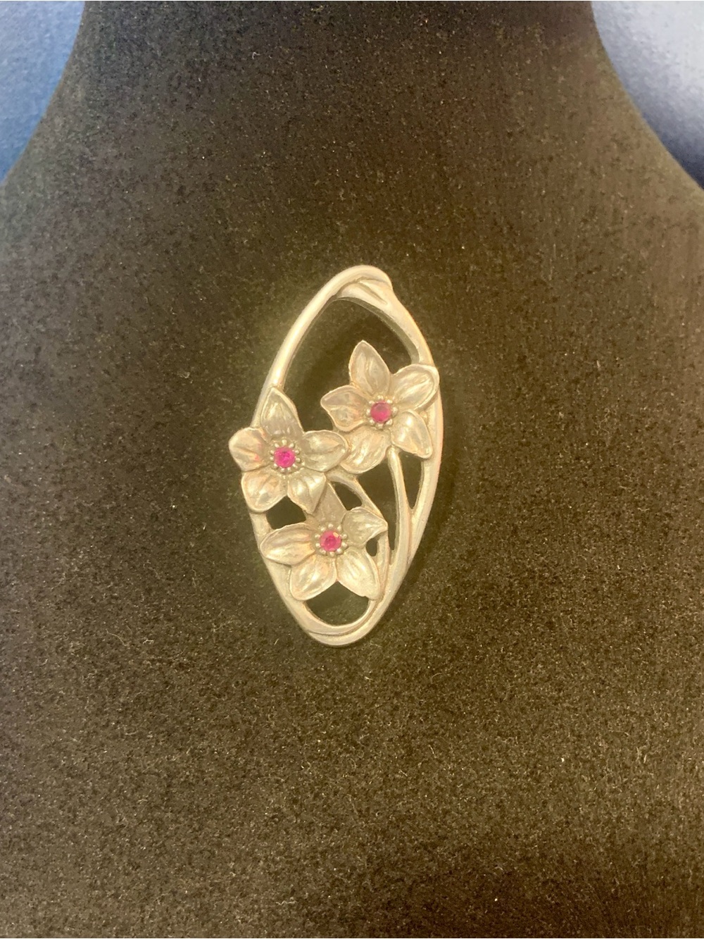 Pewter Floral Brooch with Pink Stone Centers - Women Jewelry